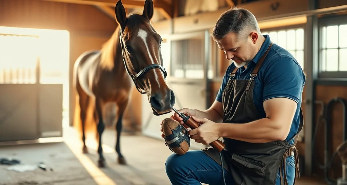 Kentucky farrier pricing for Thoroughbred horse care Professional farrier trimming and shoeing a horse's hoof in Kentucky, demonstrating premium farrier services for Thoroughbred horses
