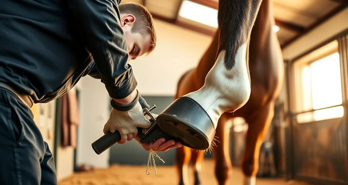 Kentucky Farrier Licensing & Hoof Care Requirements Professional farrier trimming and caring for a thoroughbred horse's hoof using specialized farrier tools in Kentucky.