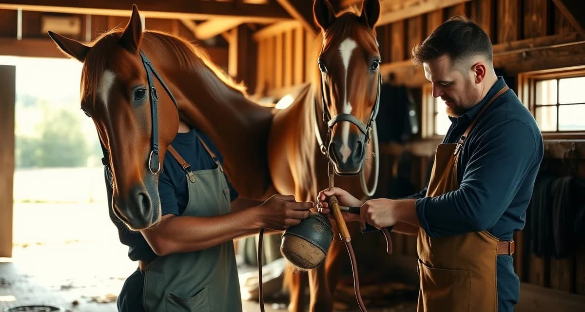 Farrier managing hoof care with professional scheduling software Professional farrier trimming thoroughbred horse hooves using farrier software scheduling management in Kentucky barn setting.