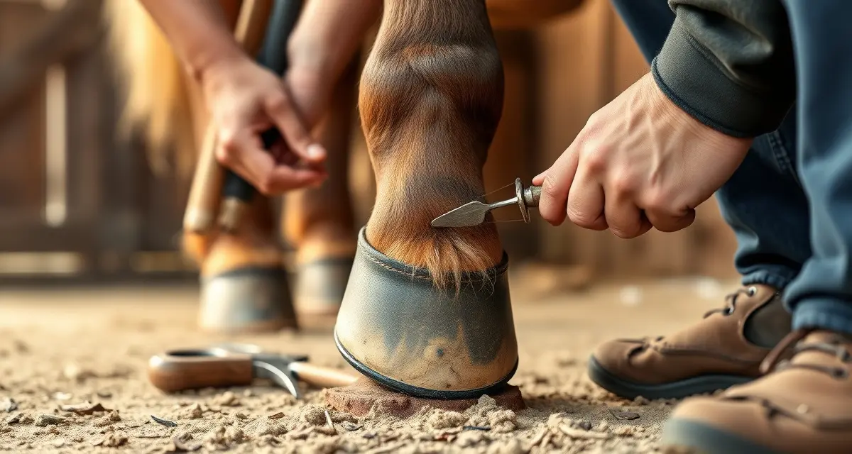 Professional farrier treating laminitis in equine hoof care Farrier performing therapeutic shoeing on a laminitis horse hoof, demonstrating professional hoof care management techniques