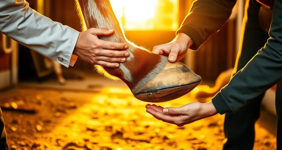 Laminitis hoof care management by professional farrier Farrier performing laminitis management assessment on horse hoof, demonstrating professional hoof care treatment and examination techniques.