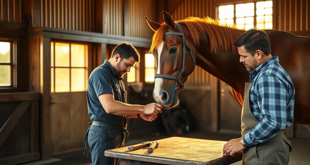 Farrier Services in Lexington KY Horse Country Professional farrier shoeing a valuable thoroughbred horse in Lexington Kentucky barn with modern tools and equipment