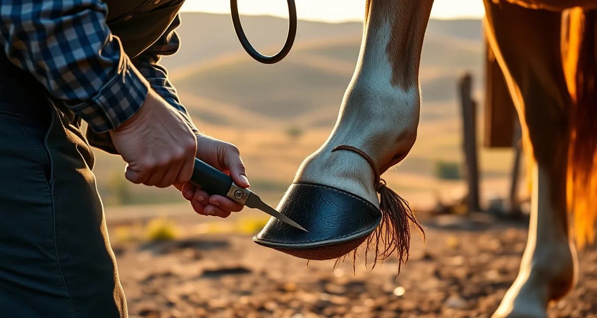 Expert farrier service across Little Rock and Ozark regions Professional farrier trimming and shoeing horse in Little Rock Arkansas with Ozark landscape background