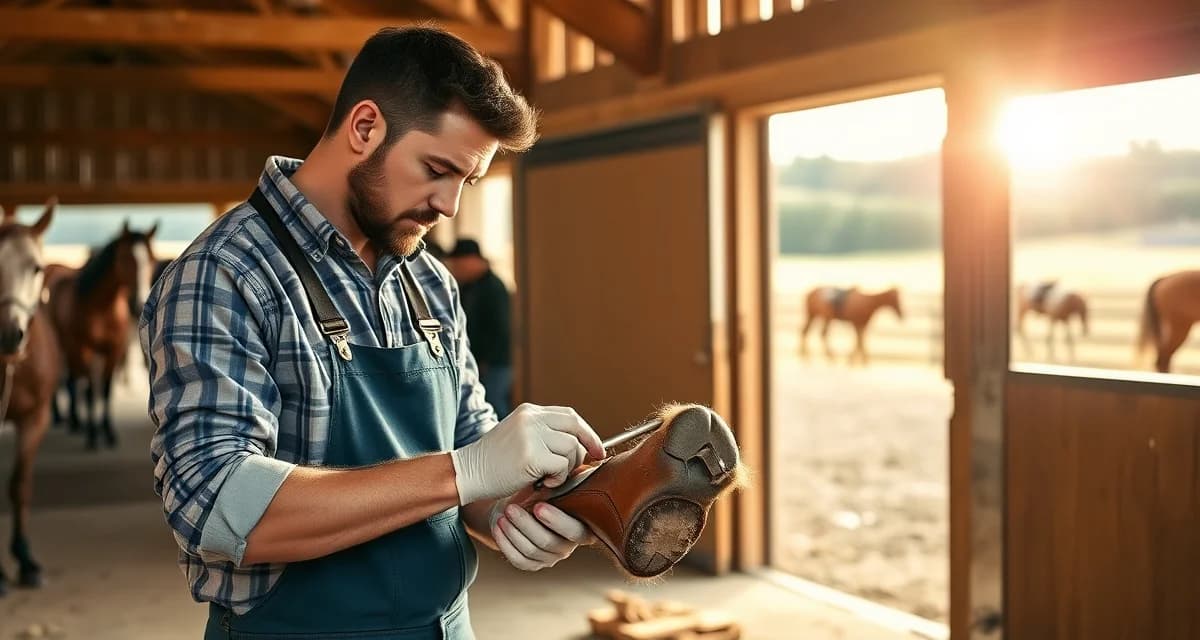 Expert farrier services in Louisville Kentucky horse country Professional farrier trimming horse hoof in Kentucky barn, demonstrating expert hoof care management for Louisville area horse owners.