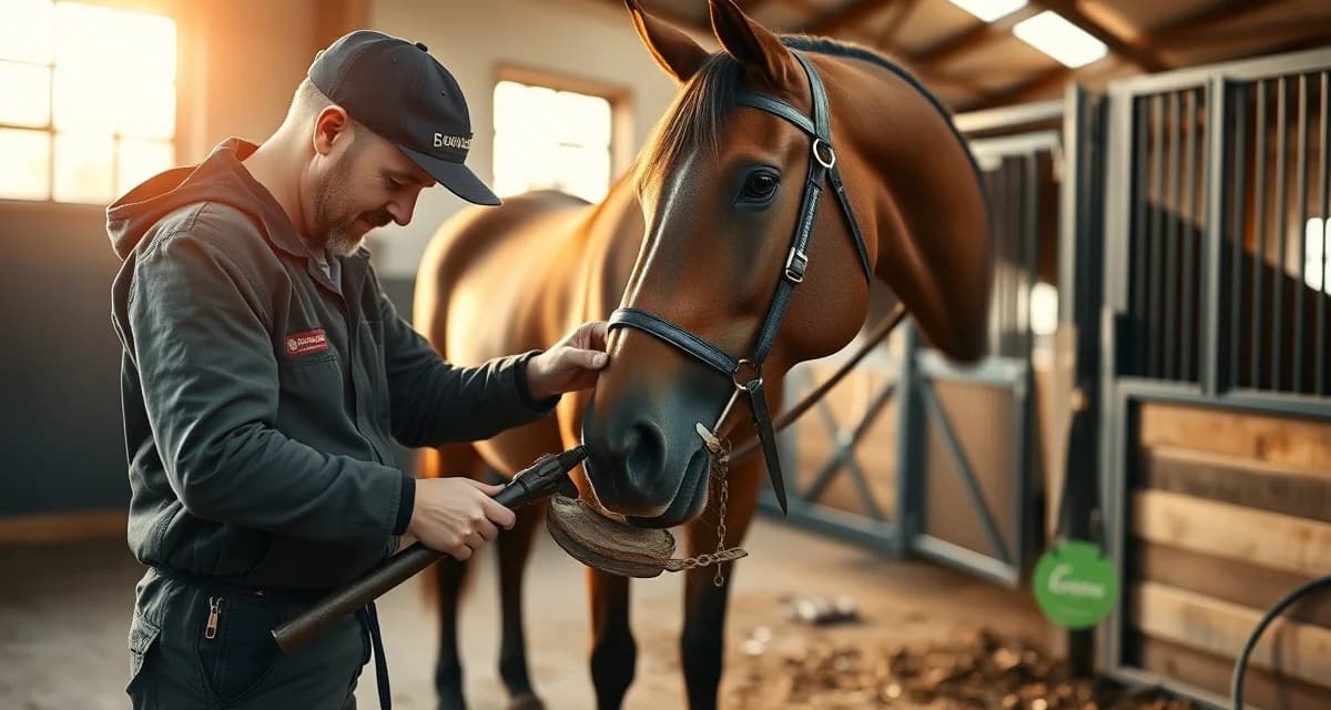 Farrier expertise in Louisville's Thoroughbred market Professional farrier performing hoof care on a Thoroughbred horse in Louisville stable facility with specialized shoeing equipment