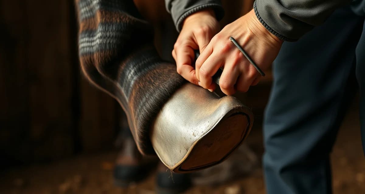 Professional farrier service pricing in Maine Farrier in Maine shoeing horse hoof with professional tools and horseshoe during standard farrier service visit