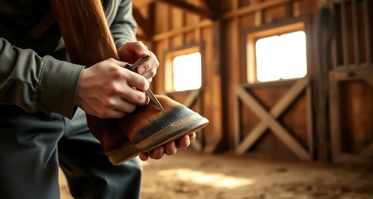 Expert farrier hoof care pricing guide for Michigan Professional farrier performing hoof trimming and care on horse in Michigan barn setting with specialized tools