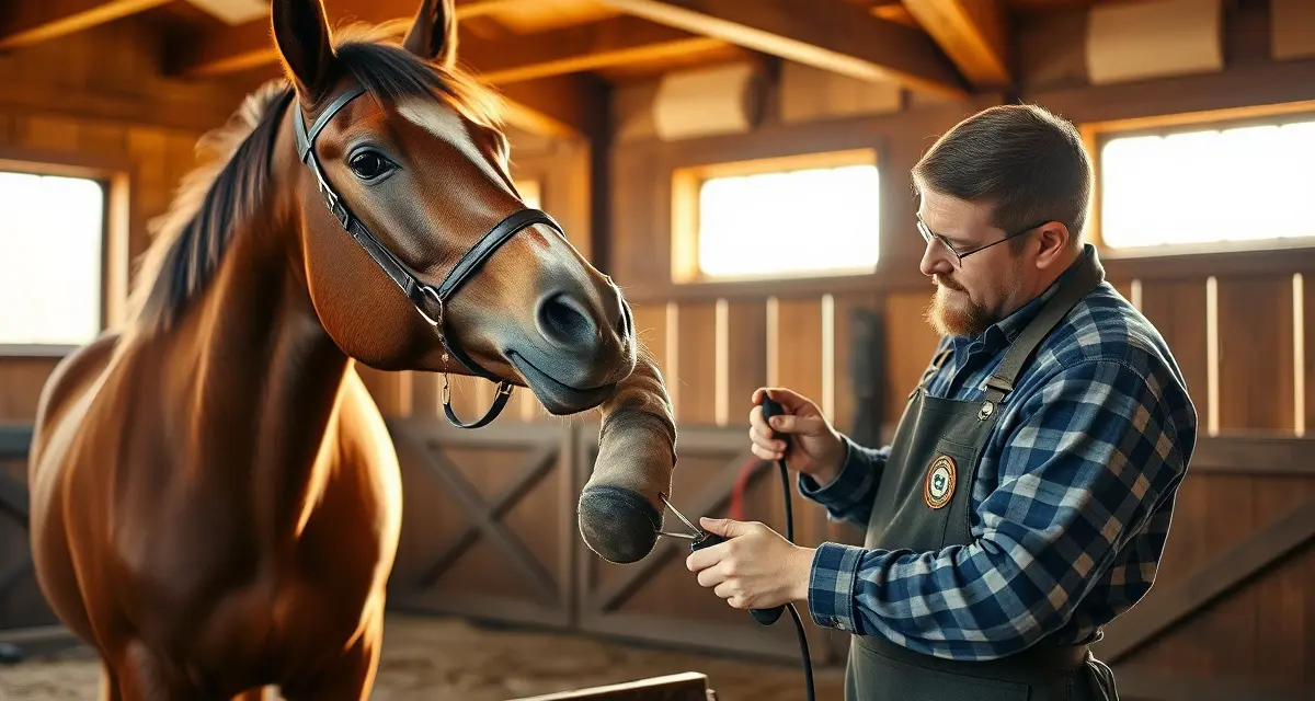 Farrier performing hoof care management in Michigan Professional farrier trimming and managing a horse's hoof care in Michigan stable using specialized farrier tools