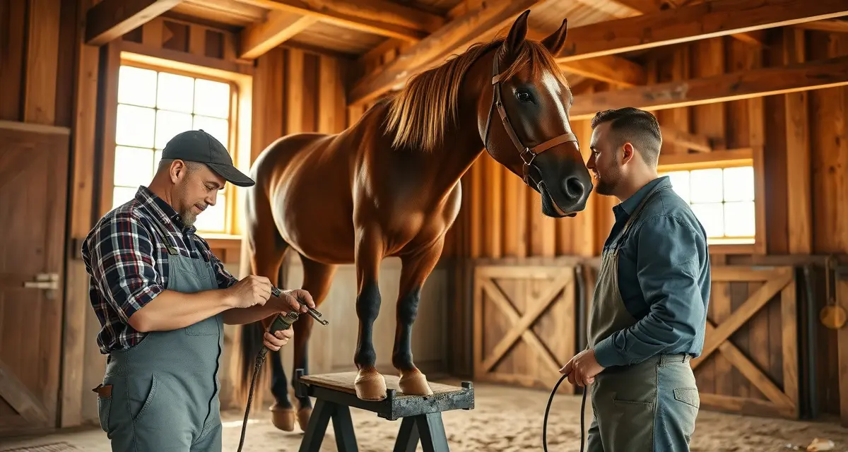 Farrier services for Milwaukee area horse owners Professional farrier providing hoof care to horse in Milwaukee Waukesha County Wisconsin barn setting