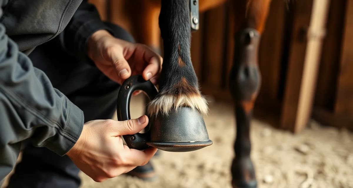 Mini horse shoeing for driving performance Farrier fitting a specialized shoe on a miniature horse's hoof for driving discipline work