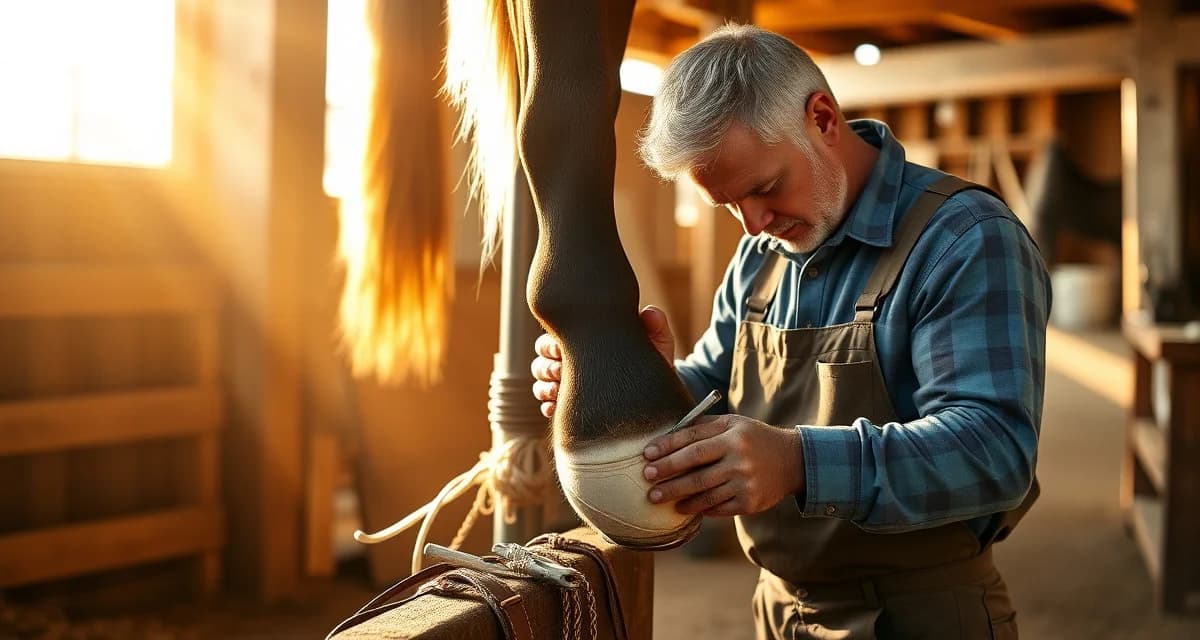 Expert Farrier Hoof Care Management Professional farrier performing hoof care and trimming on a horse in Mississippi barn setting with specialized tools