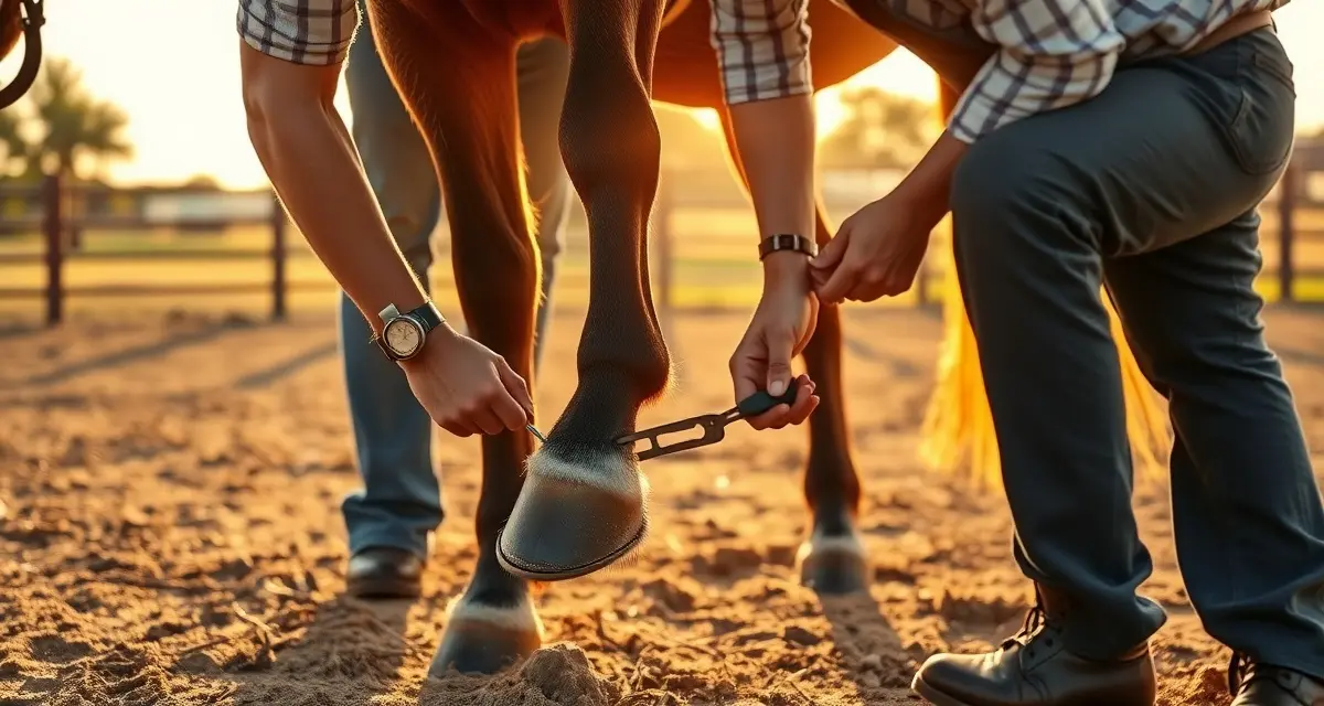 Wild mustang receiving professional hoof care Professional farrier performing hoof trimming on a mustang during initial domestic care transition with precision tools