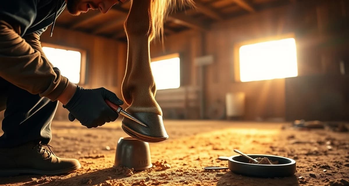 Professional mustang hoof trimming and farrier care Farrier trimming a mustang's hoof with professional tools during routine hoof maintenance and care appointment.