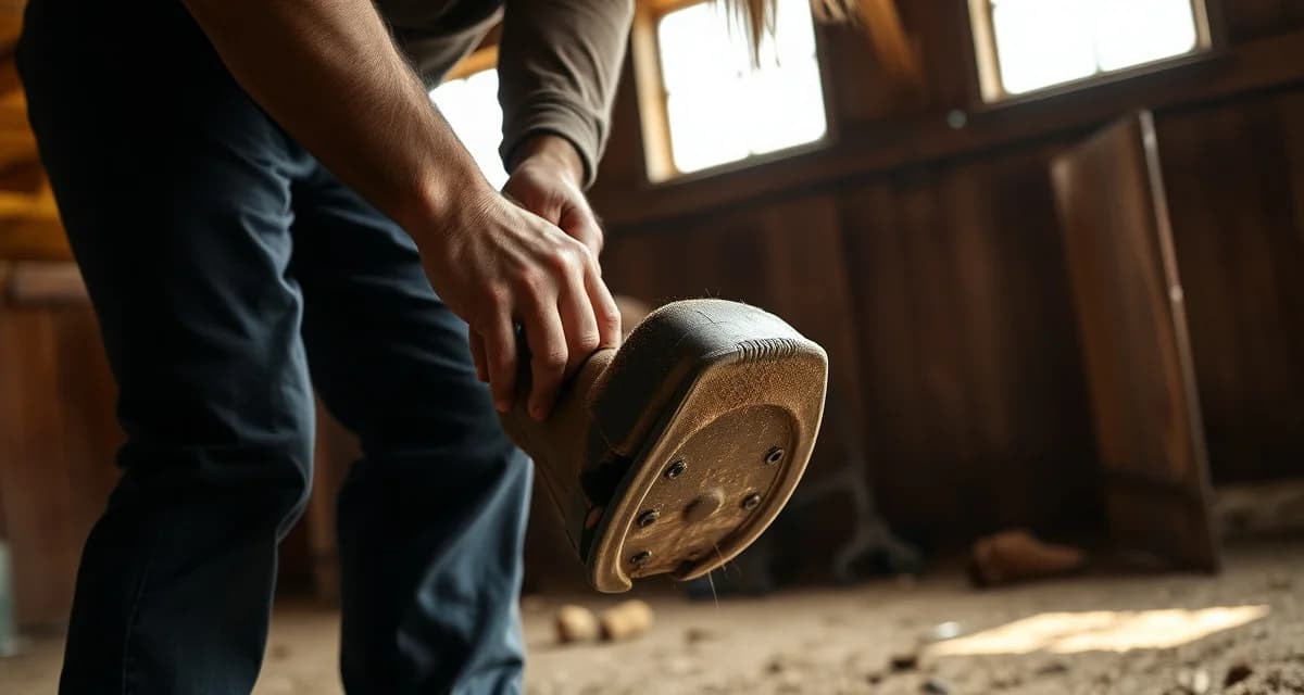 Mustang shoeing process and hoof care Professional farrier fitting horseshoes on a wild mustang's hooves using proper shoeing techniques for first-time domesticated wild horses.