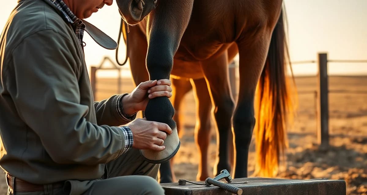 Gentle hoof care techniques for wild mustangs Professional farrier using natural horsemanship techniques to trim and shoe a mustang horse with calm, patient handling methods.