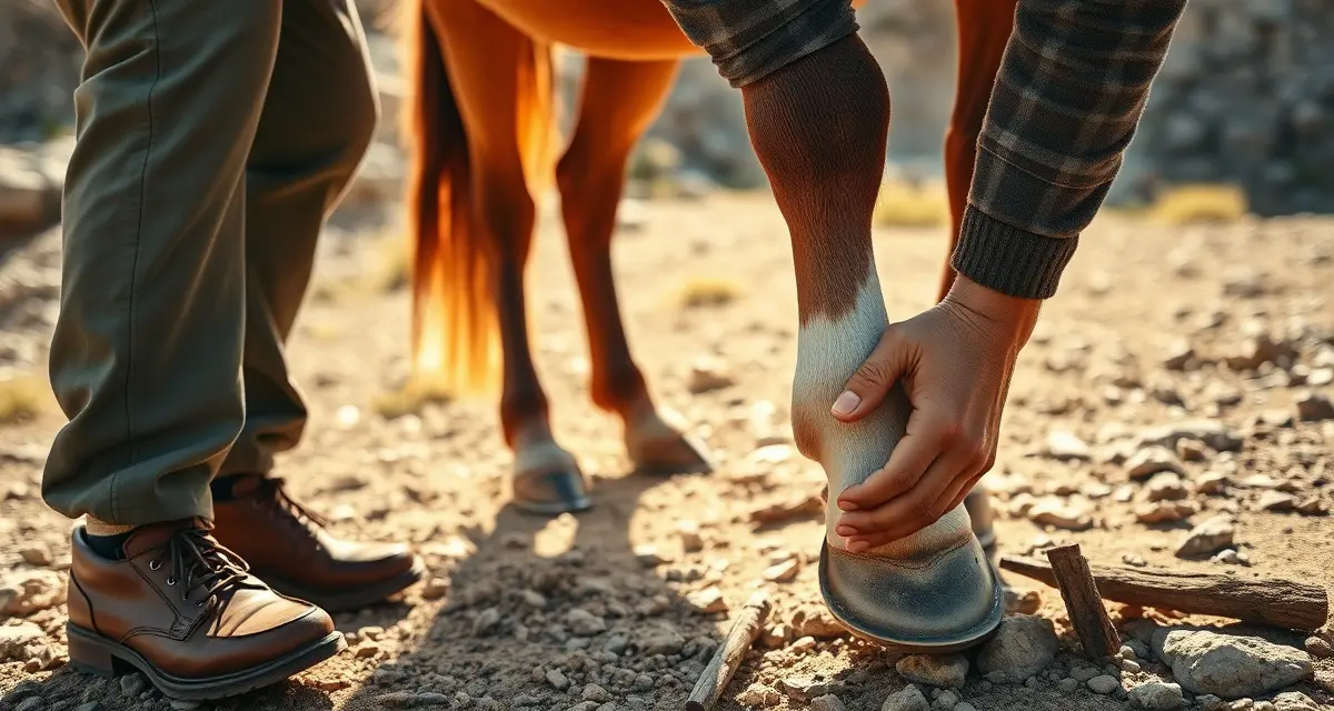 Professional mustang trail shoeing and hoof care Farrier applying trail shoes to mustang horse hoof during professional shoeing procedure on rocky terrain.