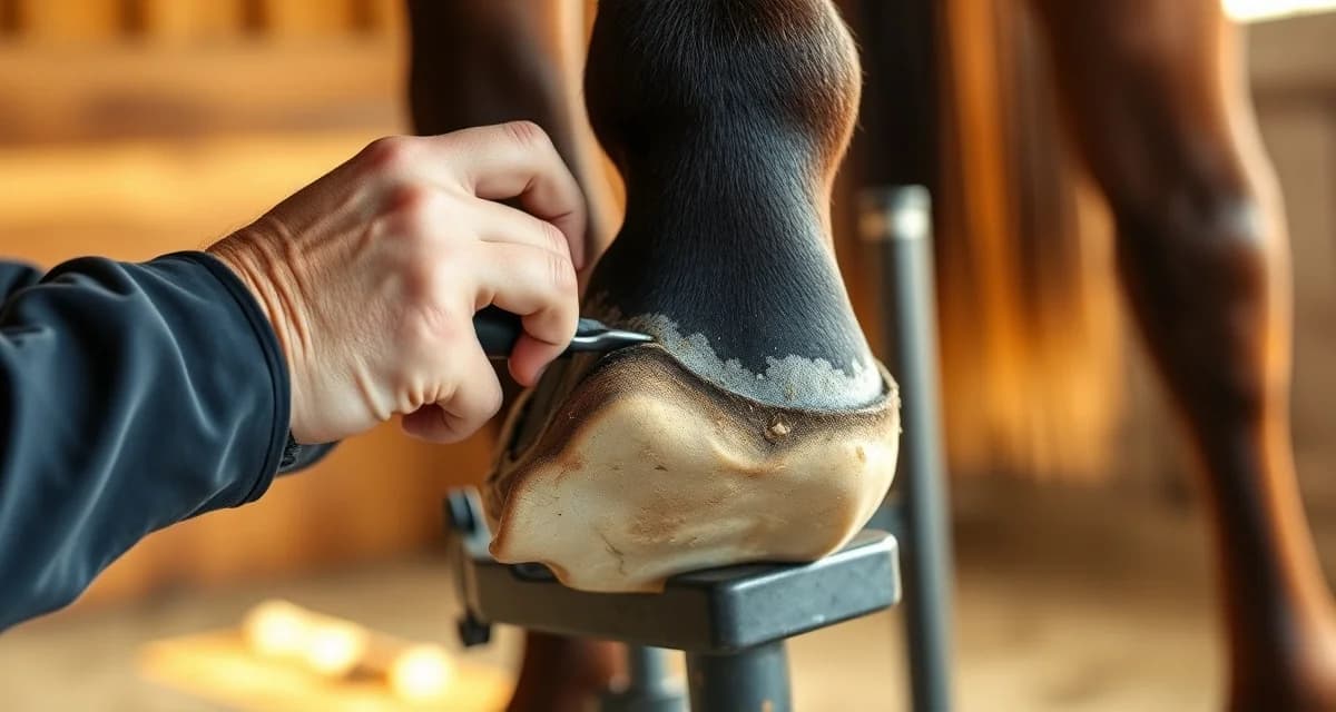 Therapeutic hoof care for horses with navicular syndrome Farrier performing therapeutic shoeing on a horse's hoof for navicular syndrome management and pain relief