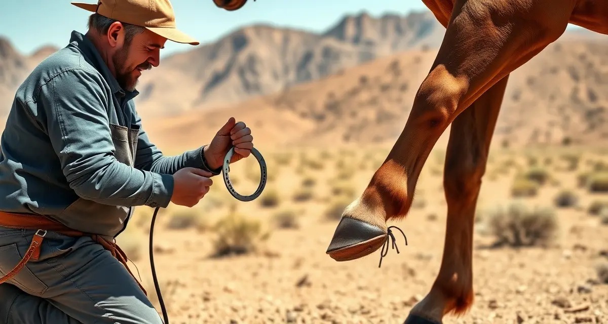 Farrier scheduling software for Nevada equestrian businesses Professional farrier performing hoof care on horse in Nevada with desert landscape and mountains visible in background