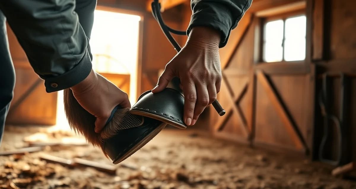Nevada farrier at work shoeing horse Professional farrier applying horseshoe to horse hoof in Nevada barn, demonstrating typical farrier services and pricing