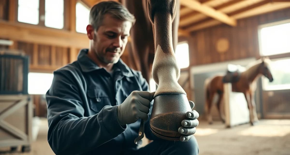 NH farrier pricing and hoof care services Professional farrier shoeing a horse's hoof in New Hampshire, demonstrating farrier services and hoof care expertise.