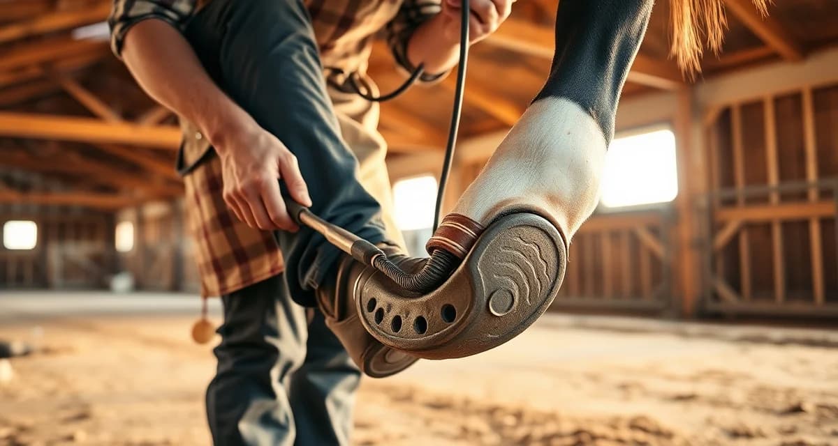 New Jersey farrier shoeing services premium market Professional farrier applying horseshoe to horse hoof in New Jersey premium barn setting with quality infrastructure