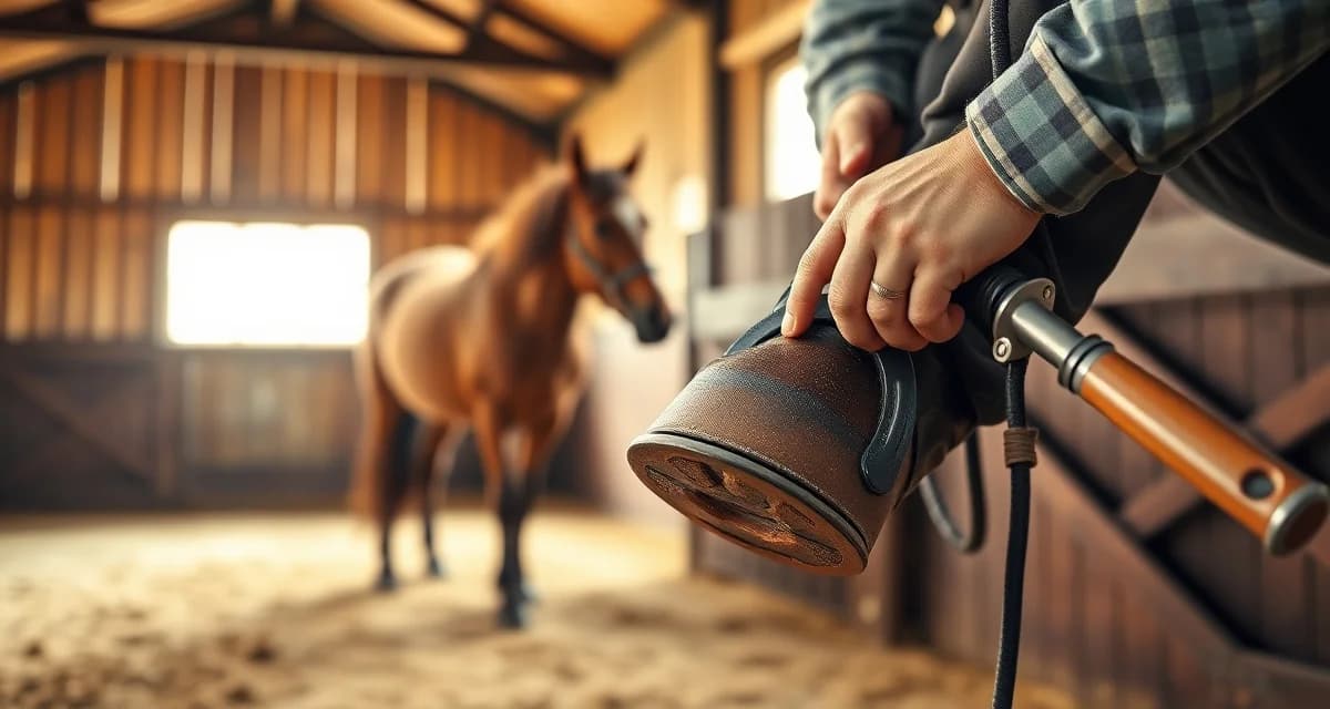 Farrier shoeing horse in North Dakota stable Professional farrier applying horseshoe to horse hoof, demonstrating North Dakota farrier services and pricing for hoof care.