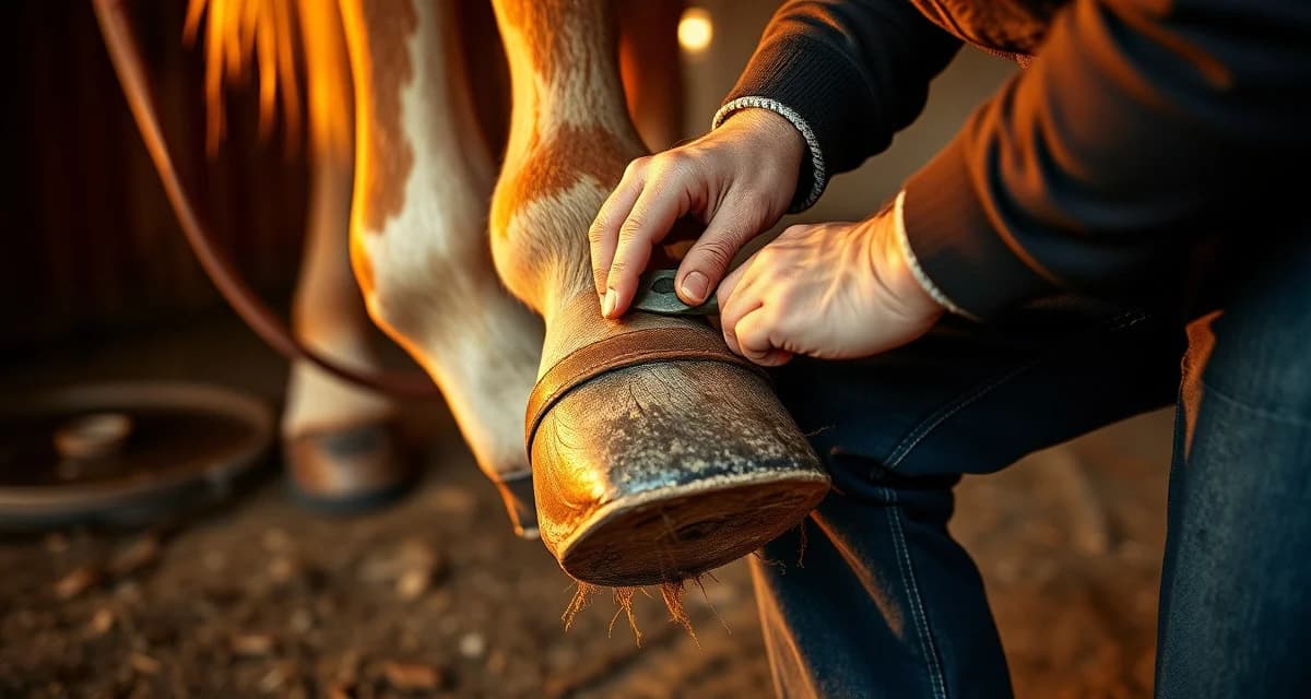 Expert Farrier Services in OKC Horse Country Professional farrier performing hoof care and shoeing services for horses in Oklahoma City metro area with specialized equipment