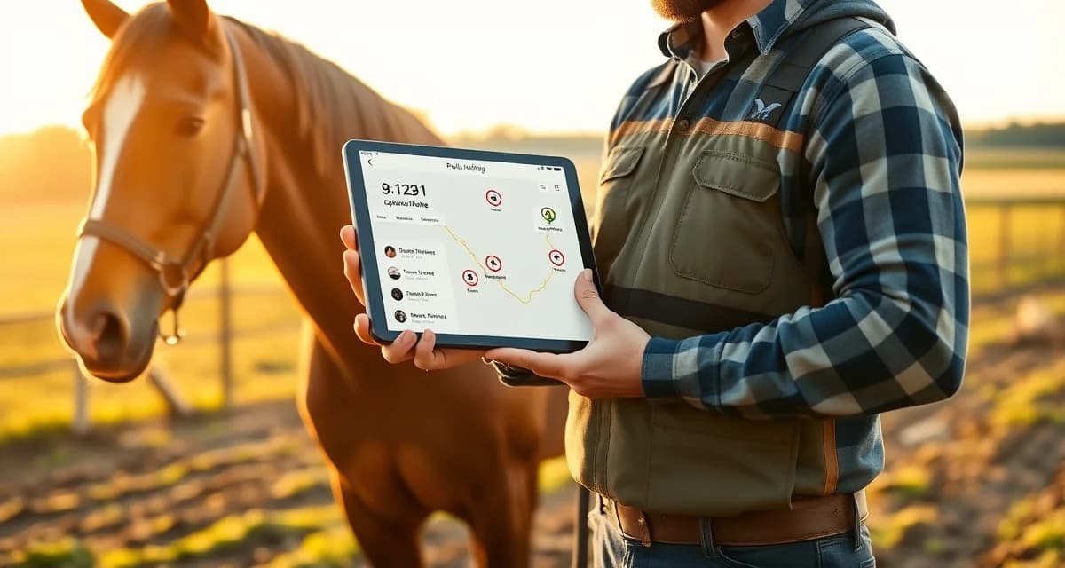 Farrier route optimization software for scheduling efficiency Farrier reviewing optimized route map on tablet while planning daily stops to save fuel costs and time