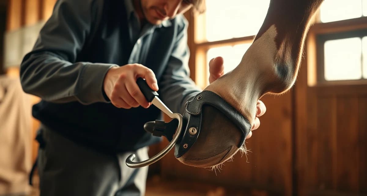 Oregon Farrier Pricing & Hoof Care Services Professional farrier working on horse hoof trimming and shoeing in Oregon stable, demonstrating farrier charges and services.