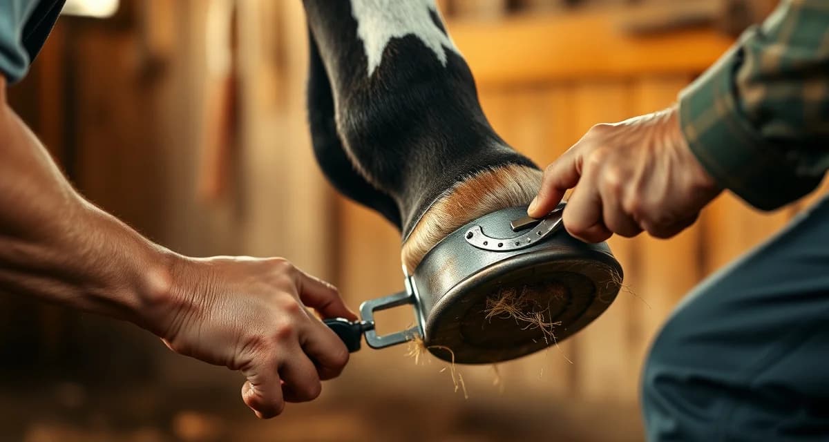 Paint horse barrel racing shoeing application technique Farrier applying specialized shoes to a paint horse's hooves for barrel racing competition performance and traction