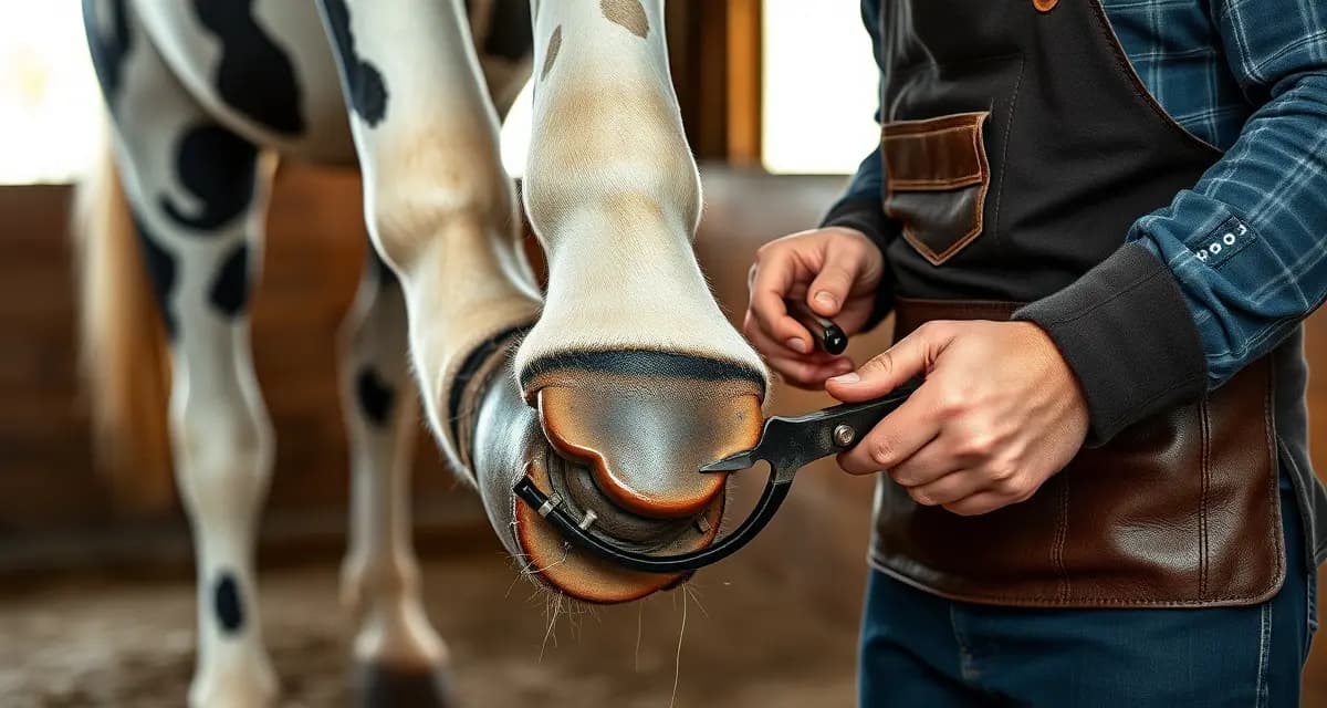 Paint Horse hoof care and farrier scheduling Professional farrier trimming and caring for a Paint Horse's hoof using specialized farrier tools and techniques for optimal hoof health.