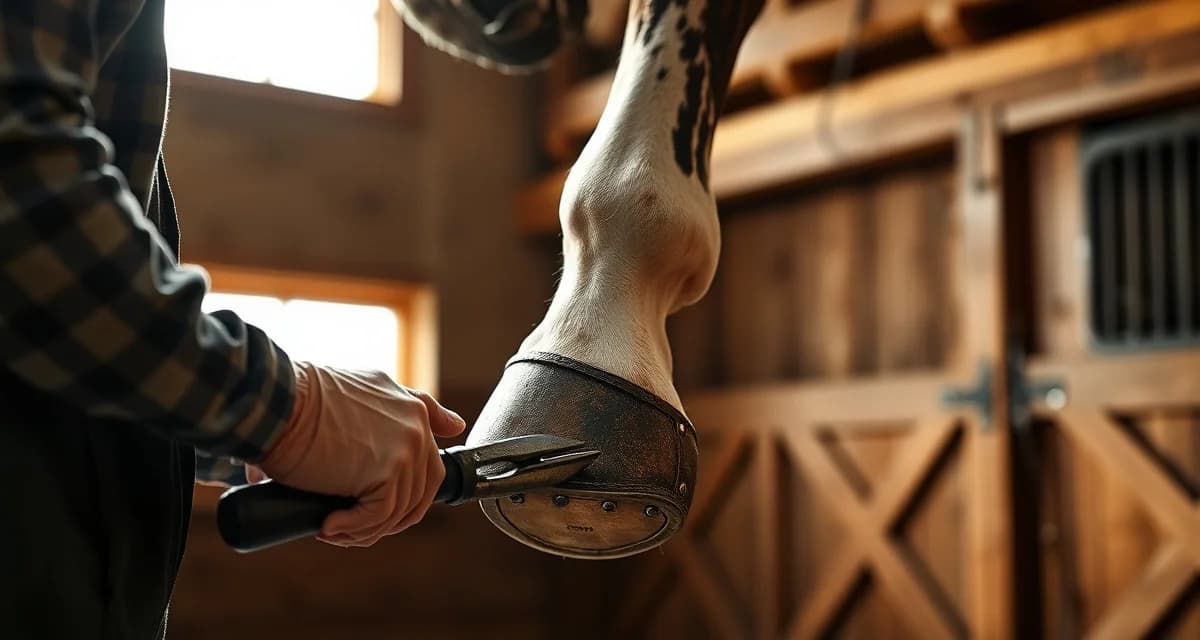 Professional Paint Horse Shoeing for Hunter Jumper Events Farrier fitting a specialized hunter jumper shoe on a paint horse's hoof for APHA show competition.