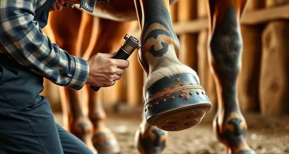Professional Percheron shoeing demonstration Farrier shoeing a Percheron draft horse's hoof with specialized tools, demonstrating professional hoof care and shoeing techniques.