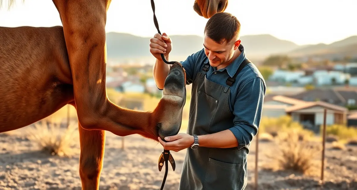 Farrier working in Phoenix metro area managing busy schedule Professional farrier trimming horse hoof in Phoenix Arizona with desert homes and Valley of the Sun landscape in background