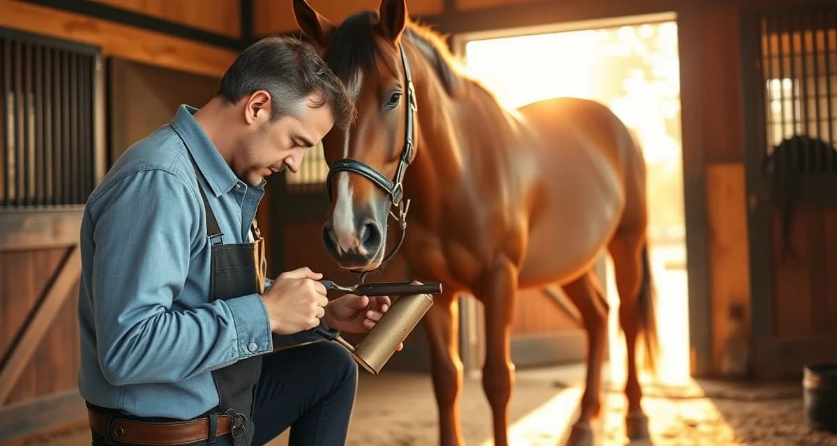 Consistent farrier care schedule for pleasure horses Professional farrier performing routine hoof care maintenance on a pleasure horse in a modern barn facility with natural lighting.