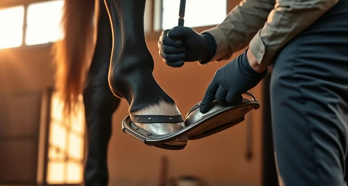Expert farrier hoof care for polo horses Professional farrier applying specialized horseshoes to polo pony hoof for optimal performance and injury prevention during competitive play.