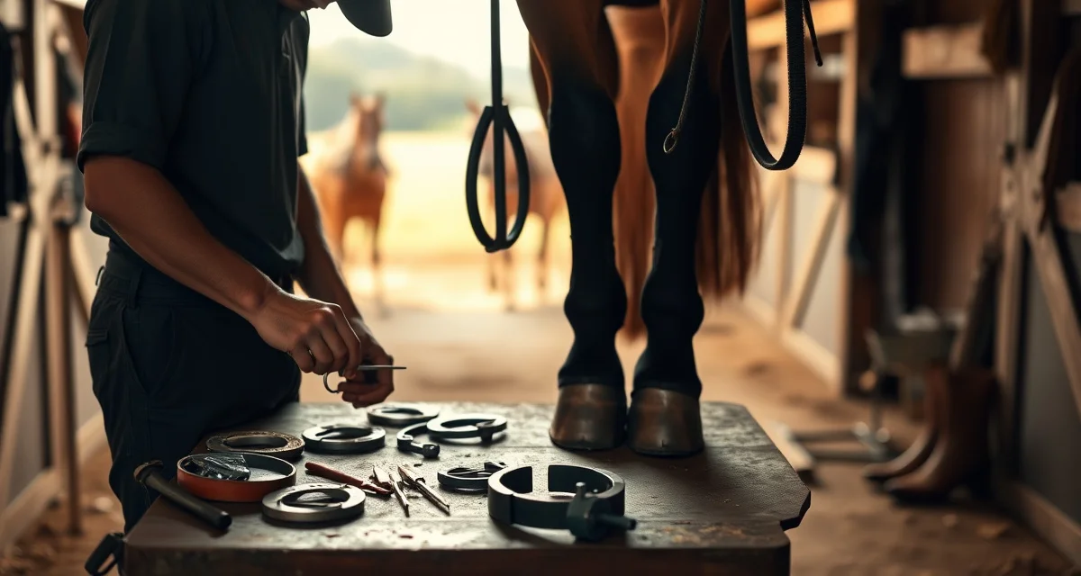 Professional polo horse shoeing and hoof care management Farrier applying specialized horseshoes to polo pony hooves for fast turnaround match day preparation using professional farrier tools