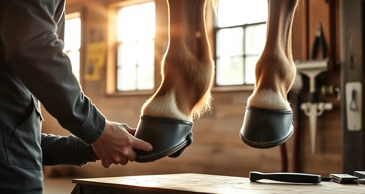 Quarter Horse hoof care and farrier scheduling Professional farrier performing routine hoof trimming on Quarter Horse, demonstrating proper farrier schedule and hoof care management techniques.