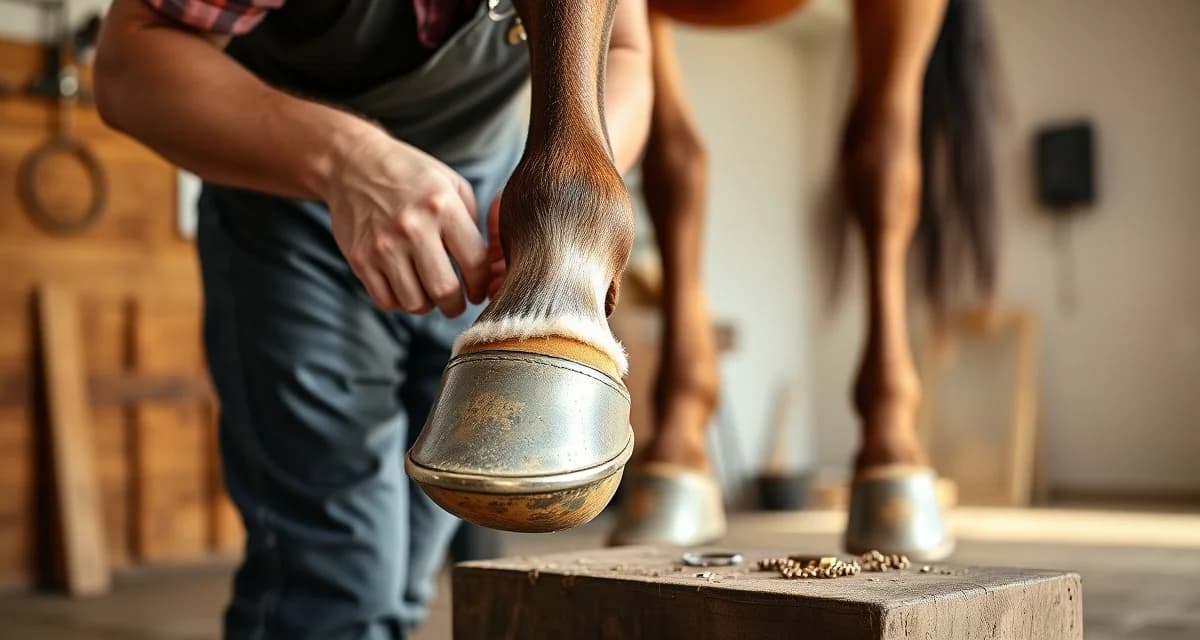Expert Quarter Horse shoeing technique Professional farrier fitting a horseshoe on a Quarter Horse's hoof during routine hoof care and shoeing maintenance.