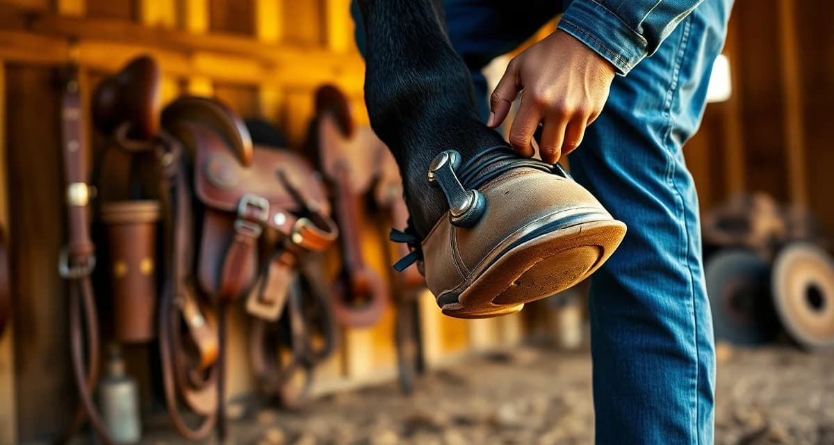 Western pleasure shoeing technique for Quarter Horse performance Farrier applying western pleasure shoe to Quarter Horse hoof for slow collected movement and AQHA competition success