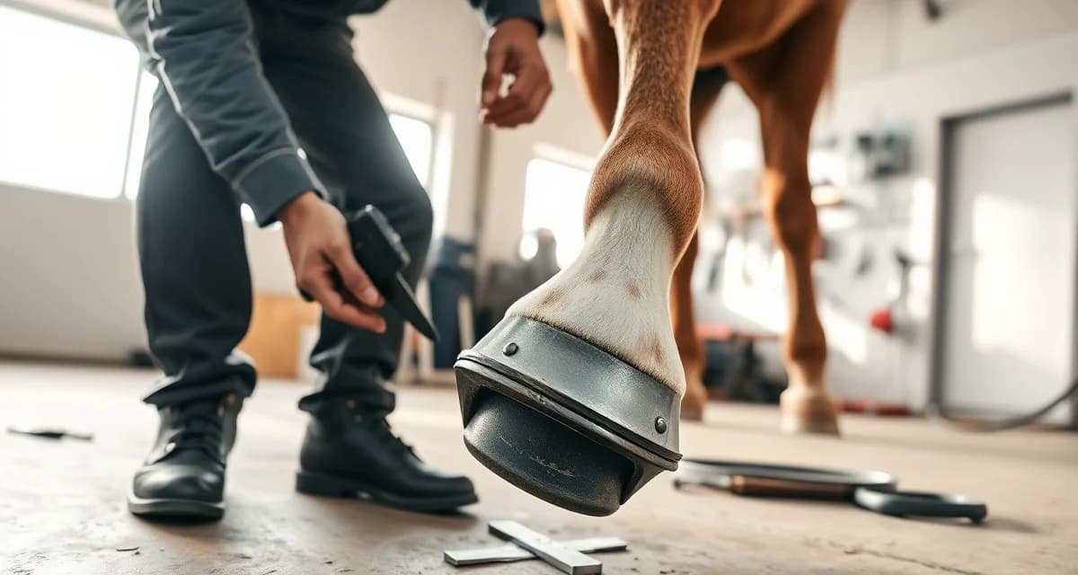 Professional reining horse shoeing technique Farrier installing sliding plate shoes on reining horse hoof with precision tools and measurement equipment