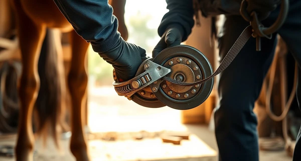 Professional farrier care for reining horse sliding plates Farrier inspecting sliding plates on reining horse hooves during shoeing maintenance for competition season