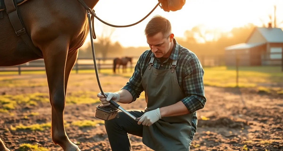 Expert farrier hoof care in Richmond VA Professional farrier performing hoof care services on horse in Richmond Virginia hunt country farm setting