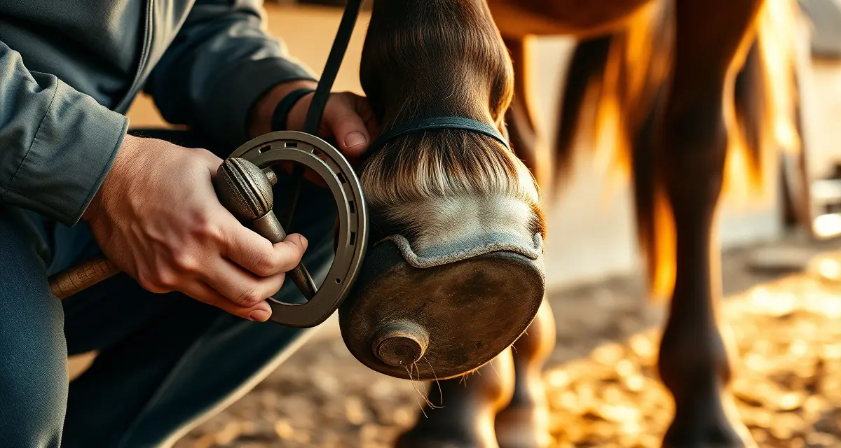 Expert farrier shoeing Rocky Mountain Horse Farrier expertly fitting a horseshoe on a Rocky Mountain Horse's hoof during professional shoeing procedure