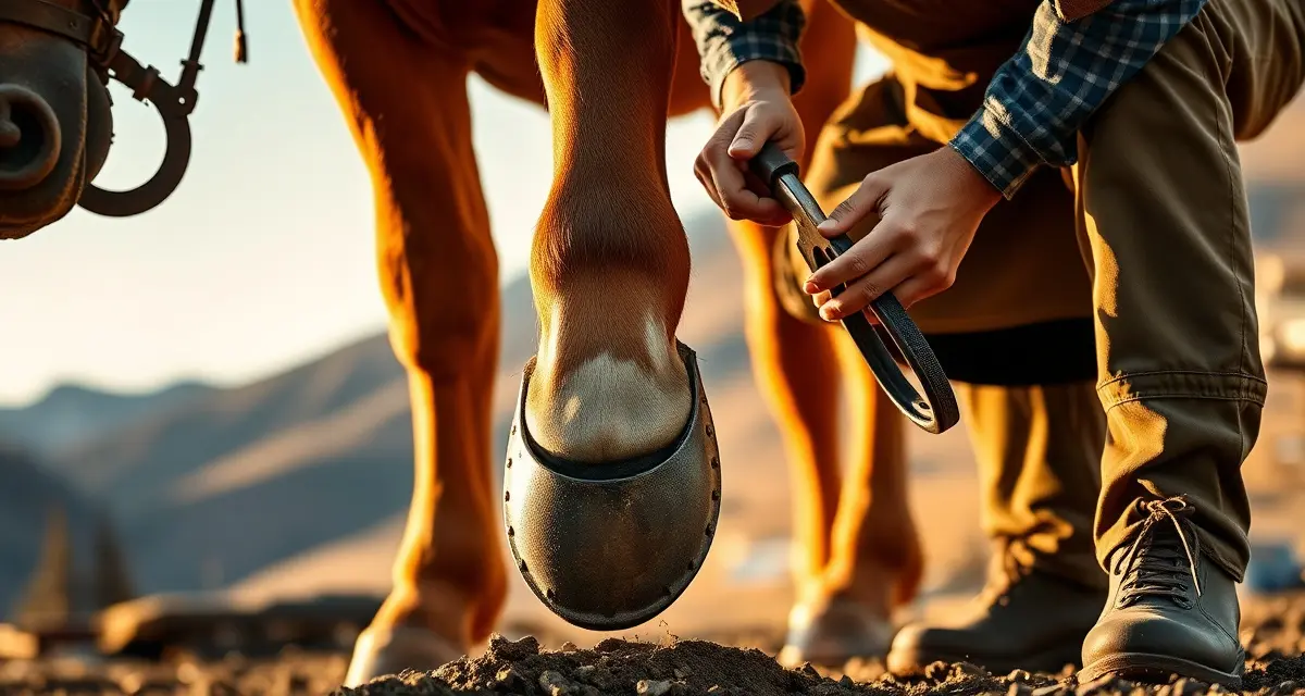 Expert farrier fitting trail shoes on Rocky Mountain Horse Professional farrier applying custom trail shoe to Rocky Mountain Horse hoof for mountain terrain riding and gait preservation.