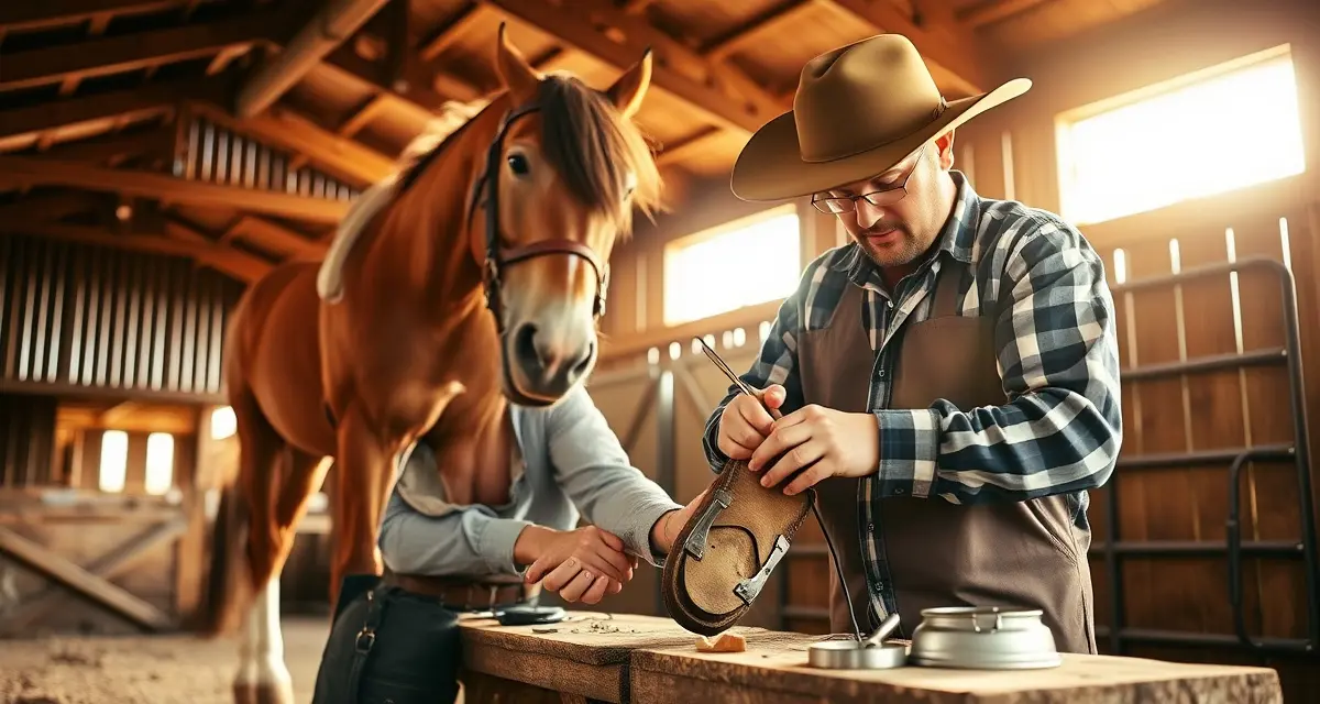 Expert farrier managing rodeo horse shoeing appointments Professional farrier applying specialty shoes to a rodeo horse's hoof during busy spring rodeo season