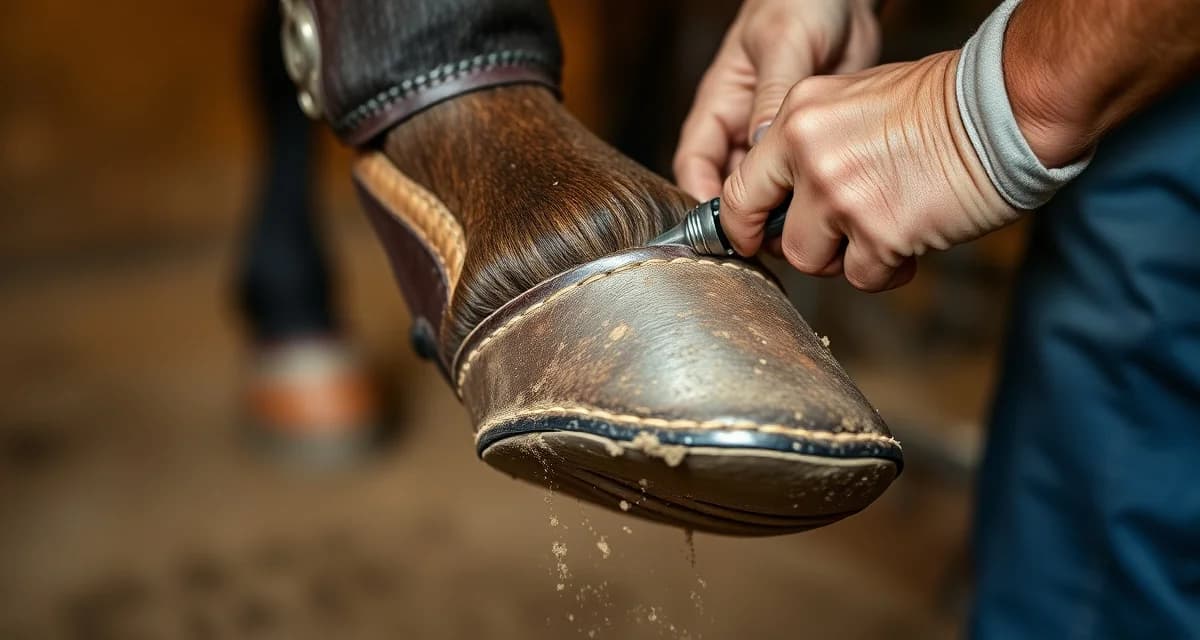 Professional farrier working on roping horse shoeing Farrier fitting specialized shoes on a roping horse hoof to handle sliding stops and explosive movements