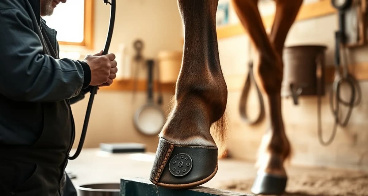 Specialized shoeing technique for five-gaited Saddlebreds Farrier applying weighted stack pads and specialized shoes to Saddlebred horse hooves for five-gaited show ring competition