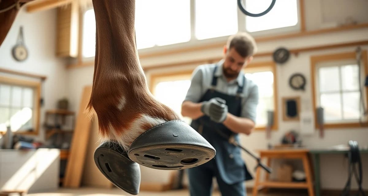 Expert Saddlebred shoeing technique for show horses Farrier applying specialized shoes to American Saddlebred horse hoof for show ring performance and proper hoof care management.