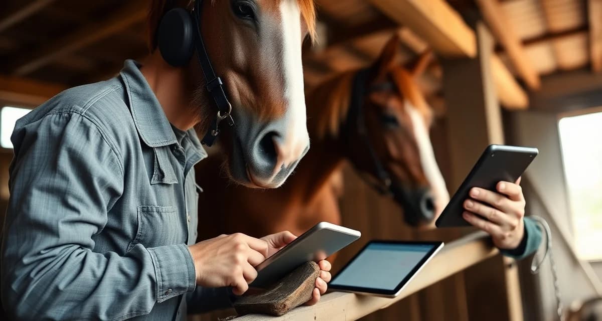 Legacy farrier software limitations in modern practice Farrier reviewing Sands software on desktop computer for hoof care scheduling and record management